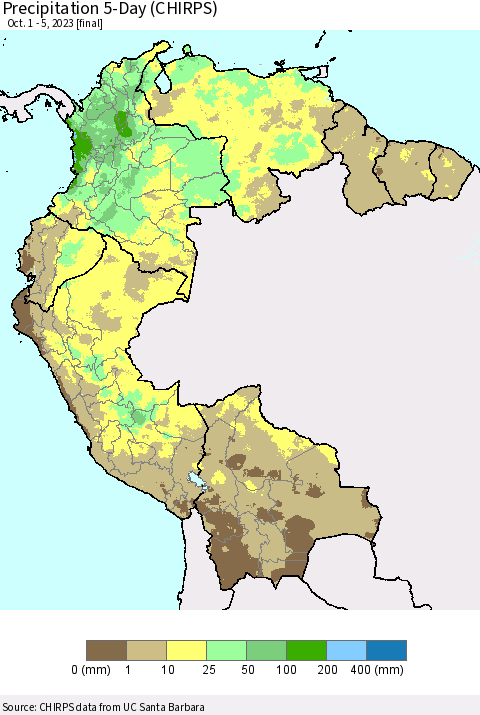 Northern South America Precipitation 5-Day (CHIRPS) Thematic Map For 10/1/2023 - 10/5/2023