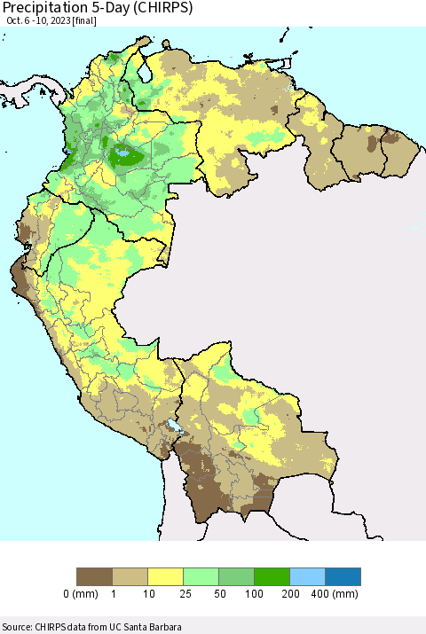 Northern South America Precipitation 5-Day (CHIRPS) Thematic Map For 10/6/2023 - 10/10/2023