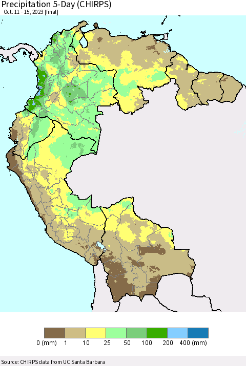 Northern South America Precipitation 5-Day (CHIRPS) Thematic Map For 10/11/2023 - 10/15/2023