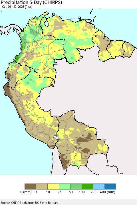 Northern South America Precipitation 5-Day (CHIRPS) Thematic Map For 10/16/2023 - 10/20/2023