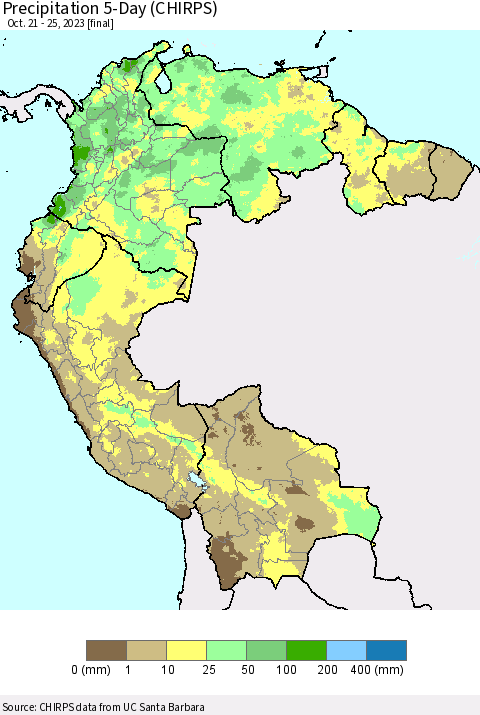 Northern South America Precipitation 5-Day (CHIRPS) Thematic Map For 10/21/2023 - 10/25/2023