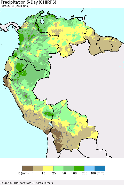 Northern South America Precipitation 5-Day (CHIRPS) Thematic Map For 10/26/2023 - 10/31/2023