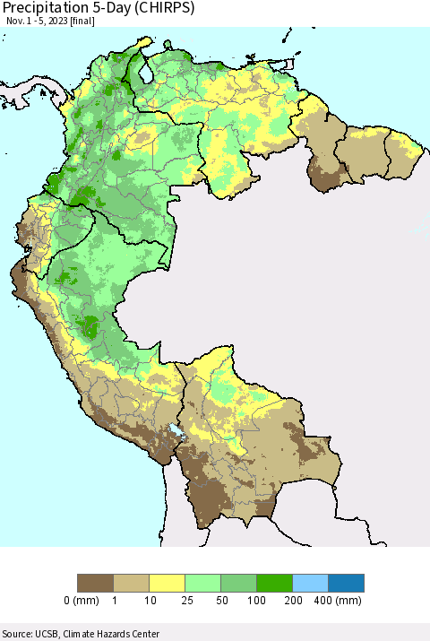 Northern South America Precipitation 5-Day (CHIRPS) Thematic Map For 11/1/2023 - 11/5/2023