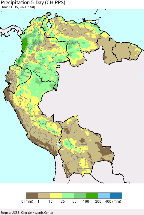 Northern South America Precipitation 5-Day (CHIRPS) Thematic Map For 11/11/2023 - 11/15/2023