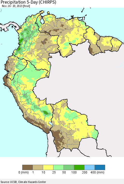Northern South America Precipitation 5-Day (CHIRPS) Thematic Map For 11/16/2023 - 11/20/2023