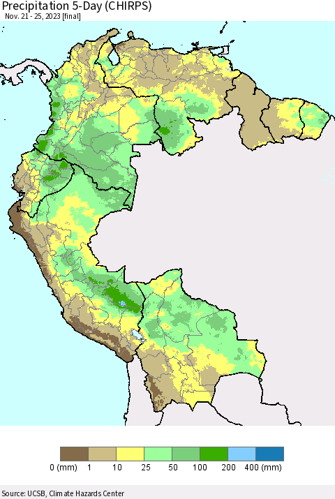Northern South America Precipitation 5-Day (CHIRPS) Thematic Map For 11/21/2023 - 11/25/2023