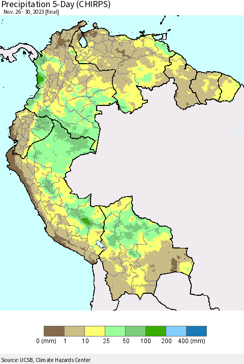 Northern South America Precipitation 5-Day (CHIRPS) Thematic Map For 11/26/2023 - 11/30/2023