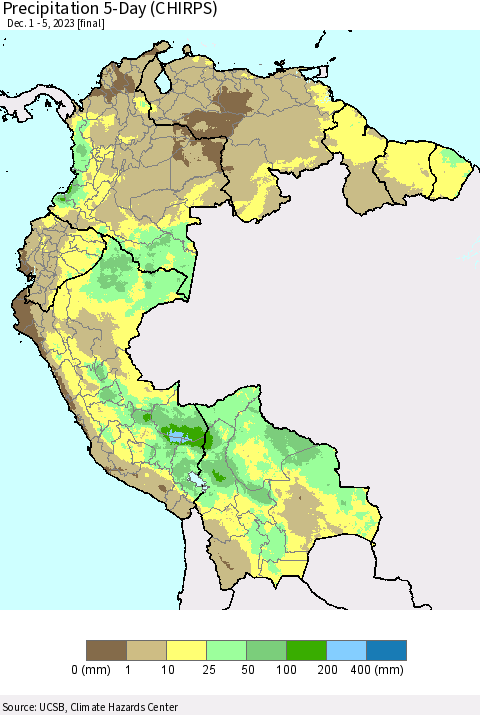 Northern South America Precipitation 5-Day (CHIRPS) Thematic Map For 12/1/2023 - 12/5/2023