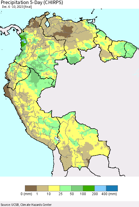 Northern South America Precipitation 5-Day (CHIRPS) Thematic Map For 12/6/2023 - 12/10/2023