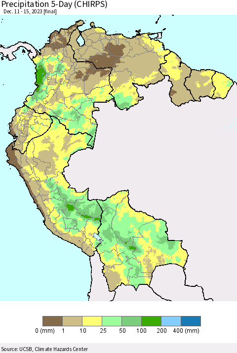Northern South America Precipitation 5-Day (CHIRPS) Thematic Map For 12/11/2023 - 12/15/2023