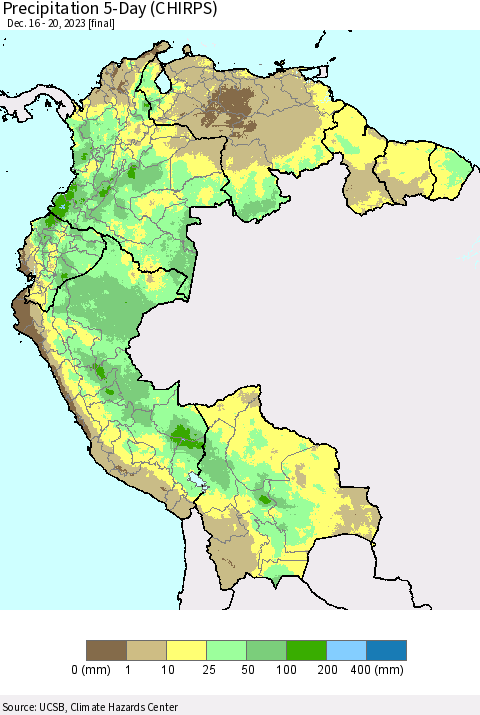 Northern South America Precipitation 5-Day (CHIRPS) Thematic Map For 12/16/2023 - 12/20/2023