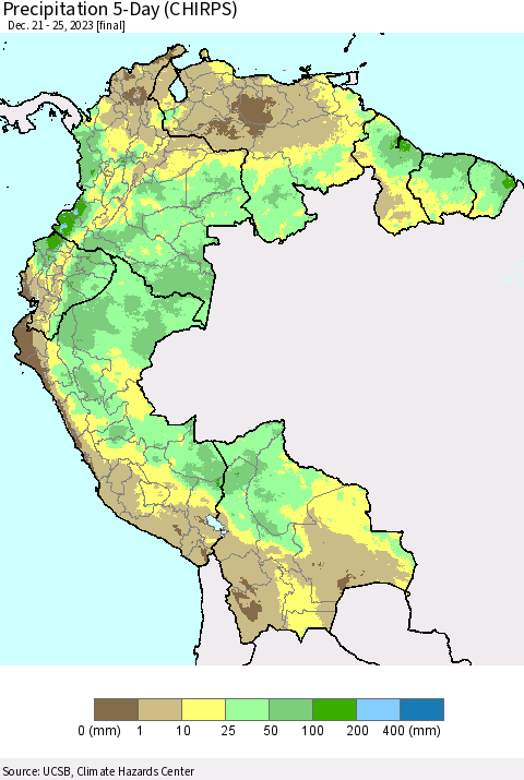 Northern South America Precipitation 5-Day (CHIRPS) Thematic Map For 12/21/2023 - 12/25/2023