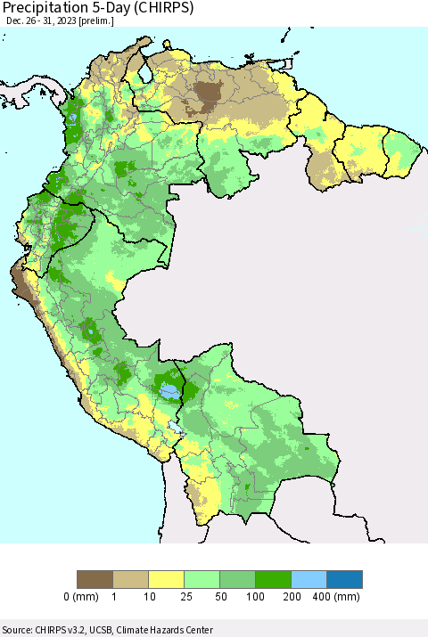 Northern South America Precipitation 5-Day (CHIRPS) Thematic Map For 12/26/2023 - 12/31/2023