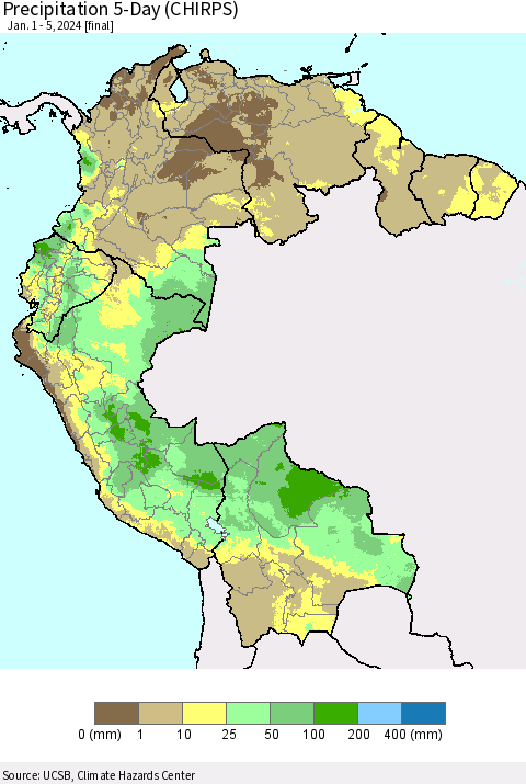 Northern South America Precipitation 5-Day (CHIRPS) Thematic Map For 1/1/2024 - 1/5/2024
