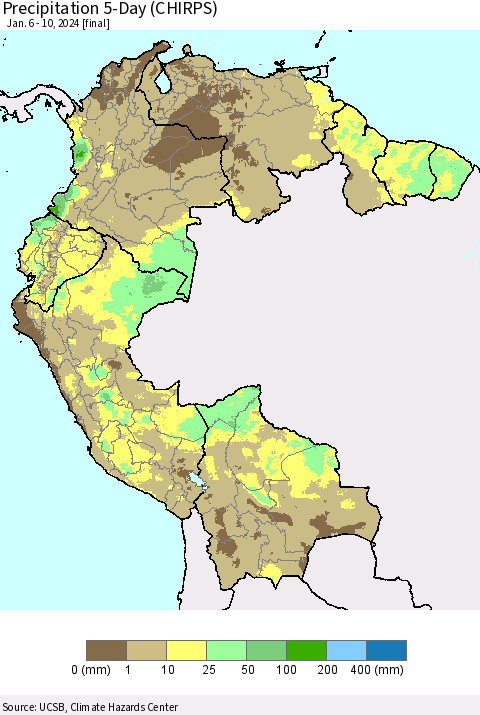 Northern South America Precipitation 5-Day (CHIRPS) Thematic Map For 1/6/2024 - 1/10/2024