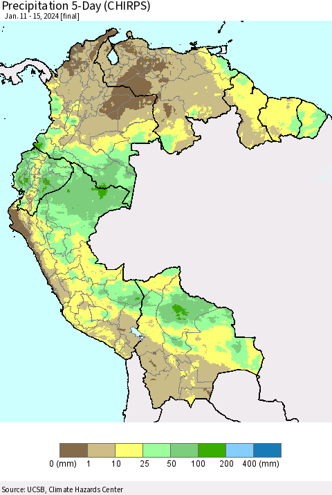 Northern South America Precipitation 5-Day (CHIRPS) Thematic Map For 1/11/2024 - 1/15/2024