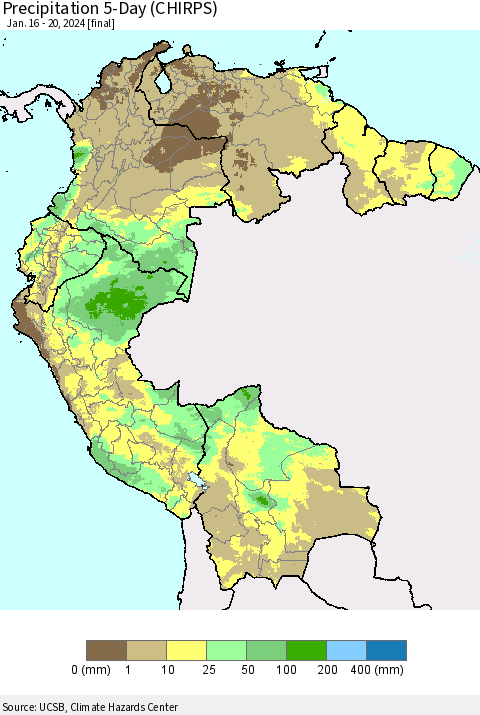 Northern South America Precipitation 5-Day (CHIRPS) Thematic Map For 1/16/2024 - 1/20/2024