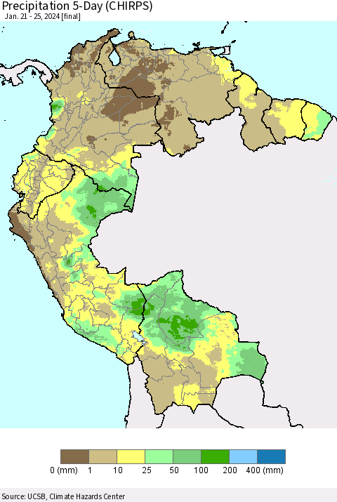 Northern South America Precipitation 5-Day (CHIRPS) Thematic Map For 1/21/2024 - 1/25/2024