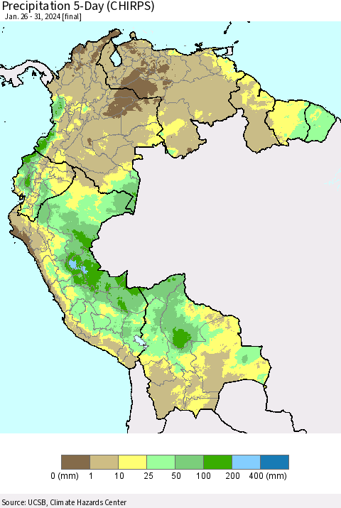 Northern South America Precipitation 5-Day (CHIRPS) Thematic Map For 1/26/2024 - 1/31/2024