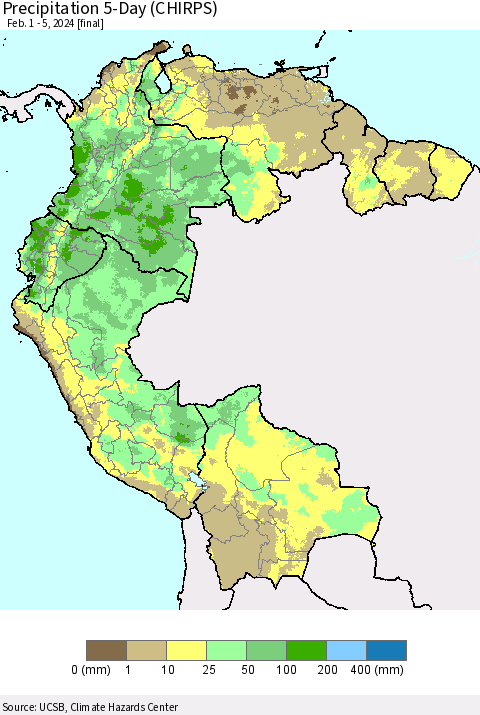 Northern South America Precipitation 5-Day (CHIRPS) Thematic Map For 2/1/2024 - 2/5/2024