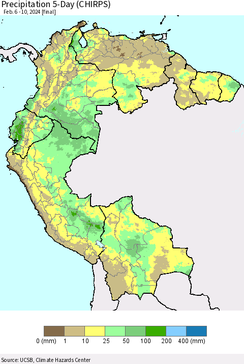 Northern South America Precipitation 5-Day (CHIRPS) Thematic Map For 2/6/2024 - 2/10/2024