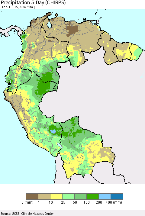 Northern South America Precipitation 5-Day (CHIRPS) Thematic Map For 2/11/2024 - 2/15/2024