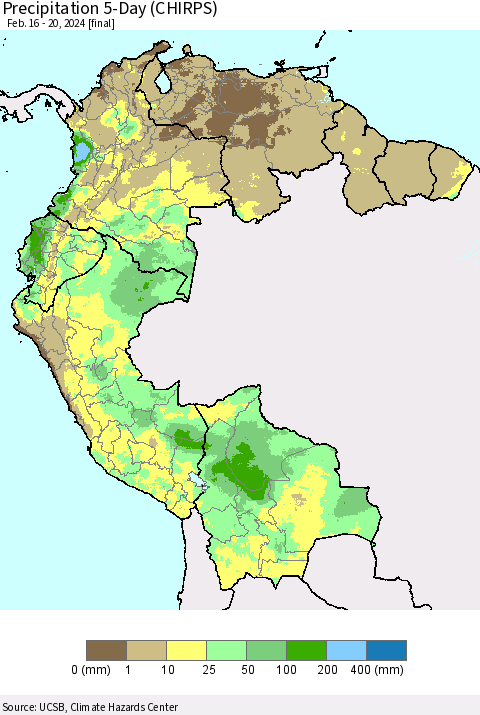 Northern South America Precipitation 5-Day (CHIRPS) Thematic Map For 2/16/2024 - 2/20/2024