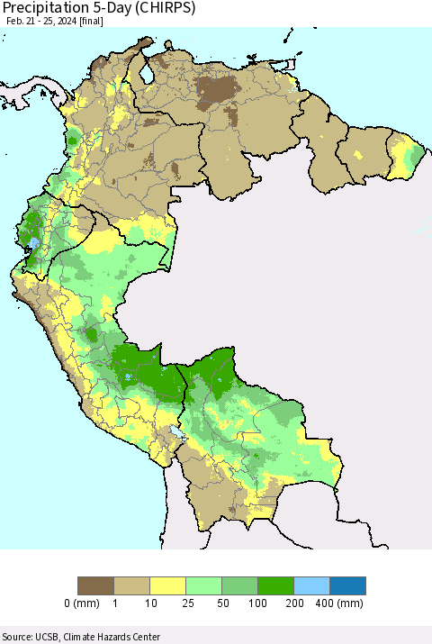 Northern South America Precipitation 5-Day (CHIRPS) Thematic Map For 2/21/2024 - 2/25/2024