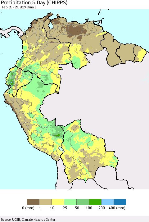 Northern South America Precipitation 5-Day (CHIRPS) Thematic Map For 2/26/2024 - 2/29/2024