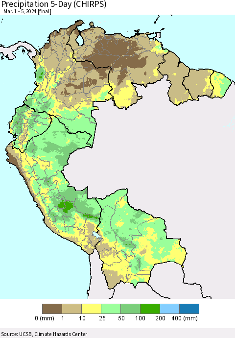 Northern South America Precipitation 5-Day (CHIRPS) Thematic Map For 3/1/2024 - 3/5/2024