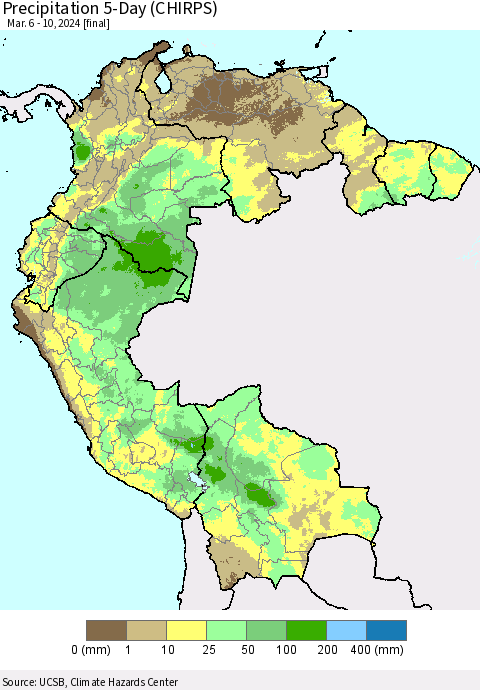 Northern South America Precipitation 5-Day (CHIRPS) Thematic Map For 3/6/2024 - 3/10/2024