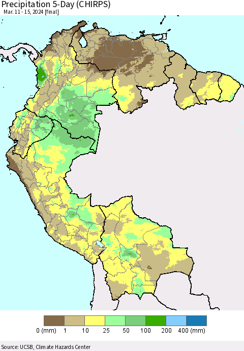 Northern South America Precipitation 5-Day (CHIRPS) Thematic Map For 3/11/2024 - 3/15/2024