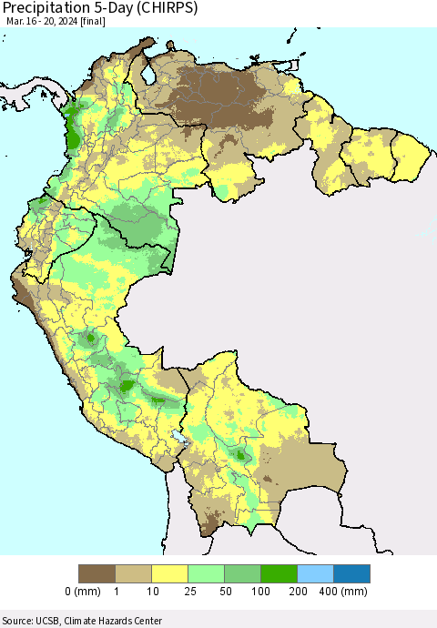 Northern South America Precipitation 5-Day (CHIRPS) Thematic Map For 3/16/2024 - 3/20/2024