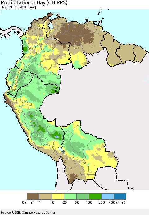 Northern South America Precipitation 5-Day (CHIRPS) Thematic Map For 3/21/2024 - 3/25/2024