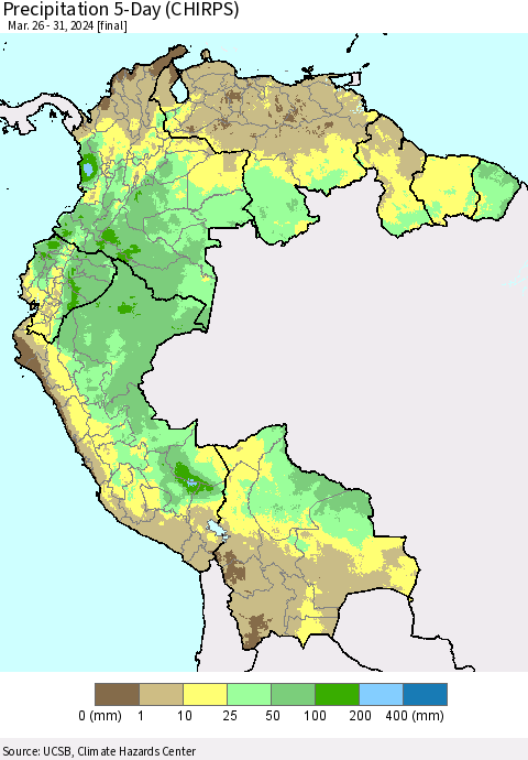 Northern South America Precipitation 5-Day (CHIRPS) Thematic Map For 3/26/2024 - 3/31/2024