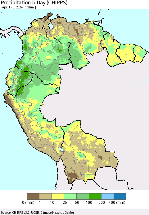 Northern South America Precipitation 5-Day (CHIRPS) Thematic Map For 4/1/2024 - 4/5/2024