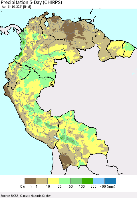 Northern South America Precipitation 5-Day (CHIRPS) Thematic Map For 4/6/2024 - 4/10/2024