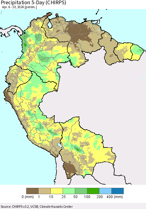 Northern South America Precipitation 5-Day (CHIRPS) Thematic Map For 4/6/2024 - 4/10/2024