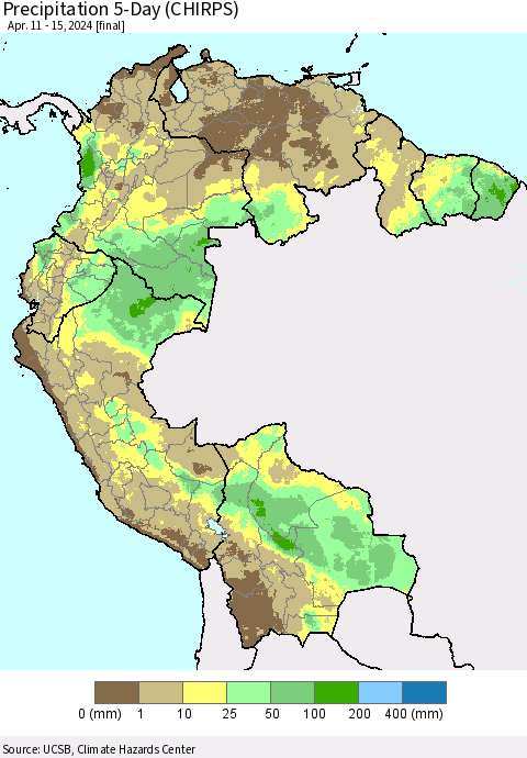 Northern South America Precipitation 5-Day (CHIRPS) Thematic Map For 4/11/2024 - 4/15/2024
