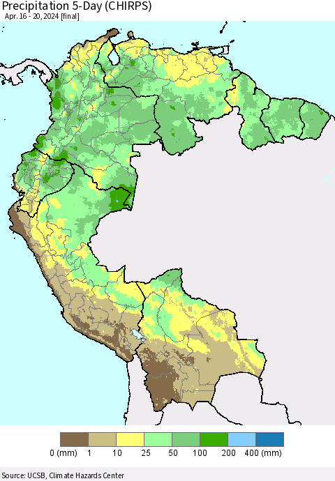 Northern South America Precipitation 5-Day (CHIRPS) Thematic Map For 4/16/2024 - 4/20/2024