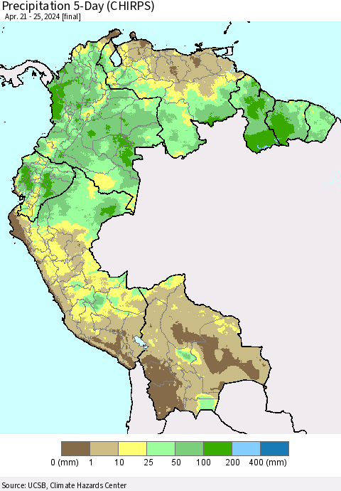 Northern South America Precipitation 5-Day (CHIRPS) Thematic Map For 4/21/2024 - 4/25/2024