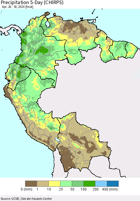 Northern South America Precipitation 5-Day (CHIRPS) Thematic Map For 4/26/2024 - 4/30/2024