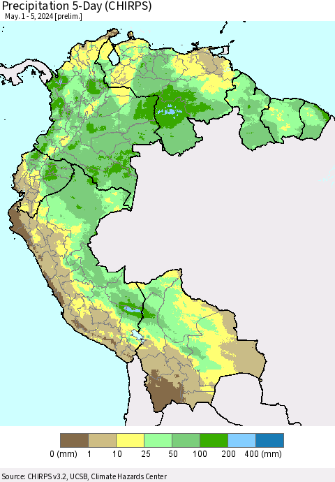 Northern South America Precipitation 5-Day (CHIRPS) Thematic Map For 5/1/2024 - 5/5/2024