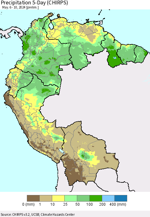 Northern South America Precipitation 5-Day (CHIRPS) Thematic Map For 5/6/2024 - 5/10/2024
