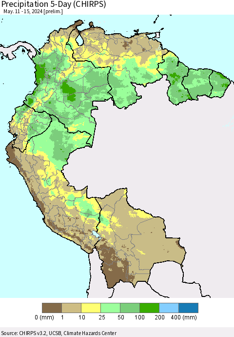 Northern South America Precipitation 5-Day (CHIRPS) Thematic Map For 5/11/2024 - 5/15/2024