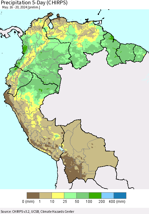 Northern South America Precipitation 5-Day (CHIRPS) Thematic Map For 5/16/2024 - 5/20/2024