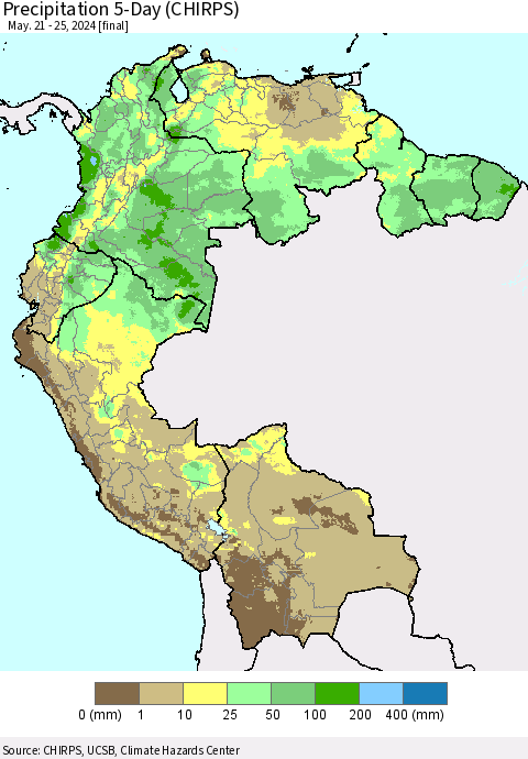 Northern South America Precipitation 5-Day (CHIRPS) Thematic Map For 5/21/2024 - 5/25/2024
