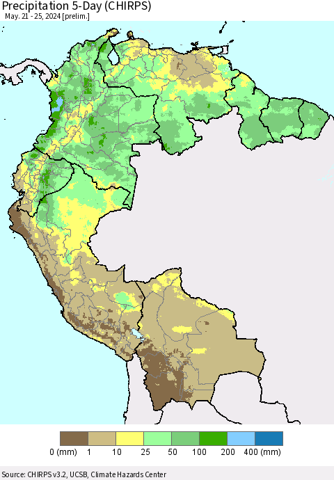 Northern South America Precipitation 5-Day (CHIRPS) Thematic Map For 5/21/2024 - 5/25/2024