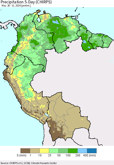 Northern South America Precipitation 5-Day (CHIRPS) Thematic Map For 5/26/2024 - 5/31/2024