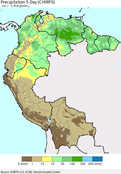 Northern South America Precipitation 5-Day (CHIRPS) Thematic Map For 6/1/2024 - 6/5/2024